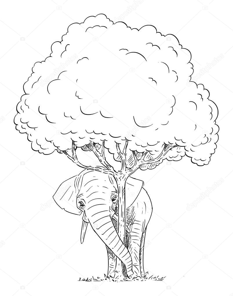 Vector Cartoon of Elephant Hiding Behind Tree