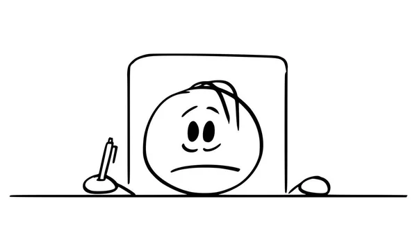 Vector cartoon van gefrustreerde man of zakenman zittend met hoofd op het Bureau met ballpoint in de hand — Stockvector