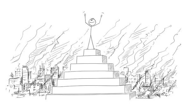 Vektor-Karikatur eines Mannes oder Geschäftsmannes oder Politikers, der seinen Triumph auf dem Gipfel der Pyramide feiert, mit zerstörter Stadt im Hintergrund — Stockvektor