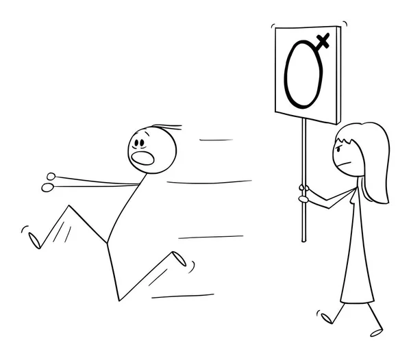 Vector cartoon van feministische vrouw wandelen of manifesteren met vrouwelijke gender symbool teken en man weglopen — Stockvector