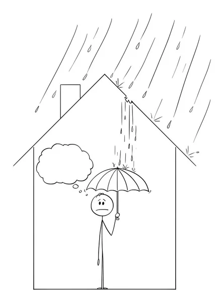 Dibujos animados del vector del hombre que sostiene el paraguas dentro de su casa familiar con el agua que viene a través del agujero en el techo — Vector de stock