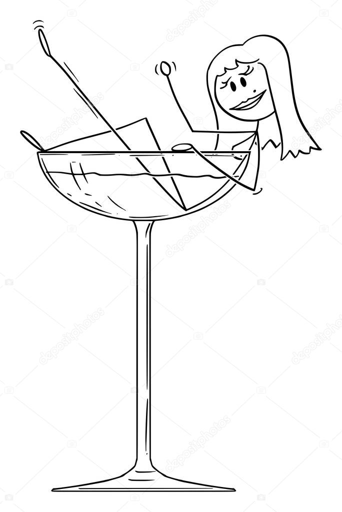 Vector Cartoon of Beautiful Naked Burlesque Sexy Woman or Stripper Taking a Bath in Cocktail Glass