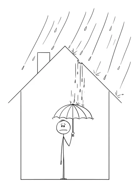 Dibujos animados del vector del hombre que sostiene el paraguas dentro de su casa familiar con el agua que viene a través del agujero en el techo — Vector de stock