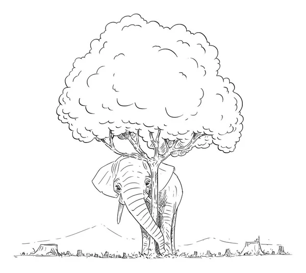 最后一头大象的矢量卡通隐藏在最后一棵树后面，从被砍倒的森林中留下 — 图库矢量图片