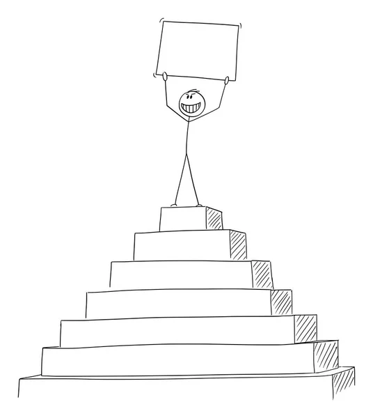 Dibujos animados vectoriales del hombre exitoso o del hombre de negocios celebrando el éxito en el pico de la pirámide sosteniendo el signo vacío en las manos — Vector de stock