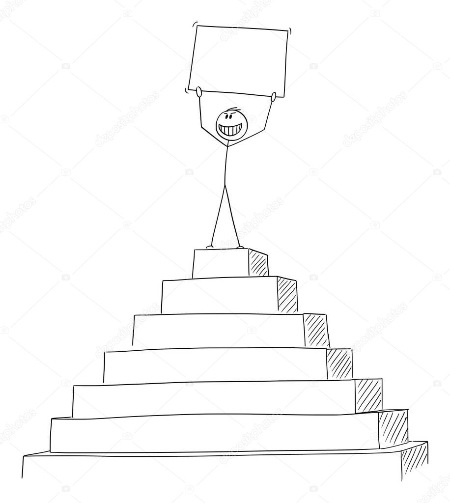 Vector Cartoon of Successful Man or Businessman Celebrating Success on the Peak of the Pyramid Holding Empty Sign in Hands