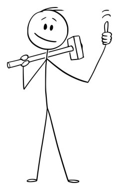 Büyük Çekiçli Adam veya İnşaat İşçisinin Vektör Karikatürü Başparmak Yukarı Jesti Gösteriyor