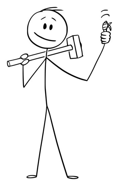 Dibujos animados vectoriales del hombre o del trabajador de la construcción con el martillo grande que muestra el gesto del pulgar para arriba con el dedo lesionado — Archivo Imágenes Vectoriales