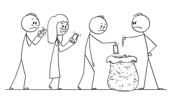 Vektor karikatyr av grupp deprimerade människor väntar i rad för att kasta sina mobiltelefoner i avfall eller sopor — Stock vektor