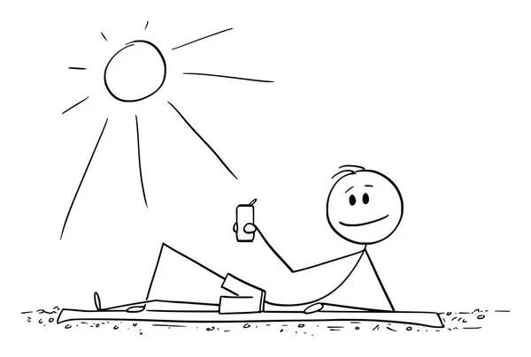 ビーチに横たわり、ビール缶を手にして夏や晴れの日を楽しむ男のベクトル漫画 — ストックベクタ