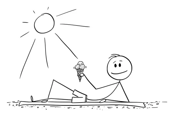 Vector cartoon van de mens liggend op het strand en genieten van de zomer of zonnige dag met ijs in de hand — Stockvector