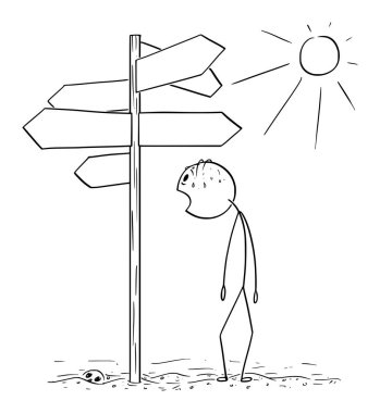 Çölde Yürüyen ve Boş Tabela Bulunan Yorgun ve Susuz Adamın Vektör Karikatürü