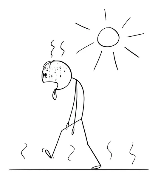 Vector cartoon van man dorstig uitgeput man wandelen in de zomer of zonnige dag — Stockvector