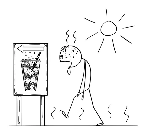 Vektorový kreslený člověk žíznivý muž pěší chůze v létě nebo slunný den pro nákup studené nápoje nebo limonády — Stockový vektor