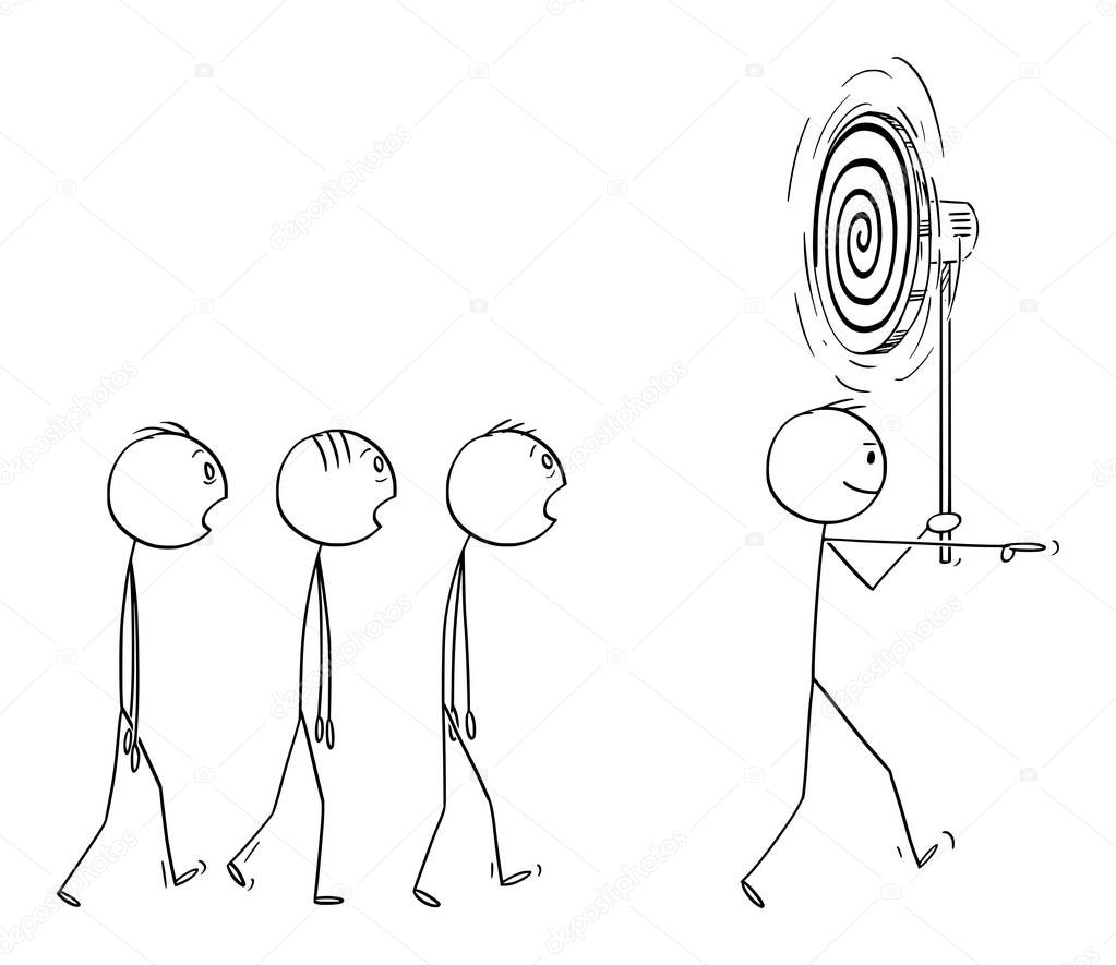 Vector Cartoon of Man or Business Leader Leading Group or Team of Hypnotized People or Workers