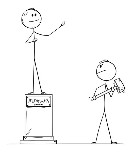 Caricatura vectorial del hombre con martillo grande o martillo de trineo que va a destruir la estatua del político . — Vector de stock