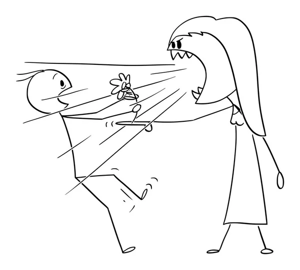 Dibujos animados vectoriales de la mujer monstruosa en la fecha gritando o gritándole al hombre sosteniendo una flor — Vector de stock