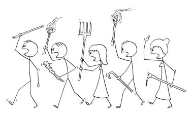 Silah ve Boş Konuşma Bubble olarak Araçları ile Yürüyüş Angry Mob Stick Karakterler Vektör Karikatür