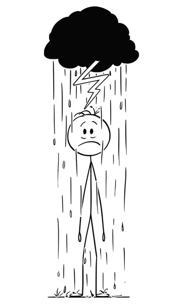 Caricatura vectorial del hombre o del hombre de negocios parado bajo la lluvia cayendo de su pequeña nube de tormenta relámpago . — Vector de stock