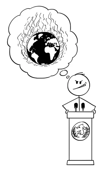 Векторная карикатура политического деятеля, выступающего на подиуме за лекцией и мечтающего о разрушении мира и глобальной войне — стоковый вектор