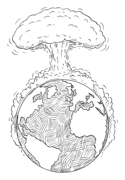 Vector cartoon tekening van de wereld vernietigd door nucleaire explosie of oorlog — Stockvector