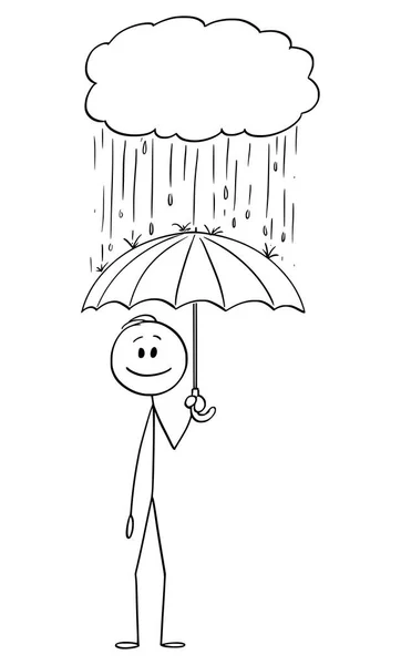 Vector Cartoon of Man or Businessman Standing Safe with Umbrella in Rain Falling From Small Storm Cloud — Stock Vector