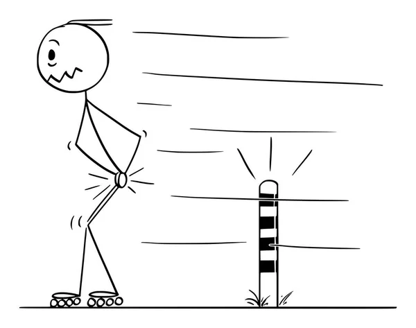 Vettoriale cartone animato di pattinaggio in linea uomo che ha colpito i suoi testicoli quando passa Post sulla strada — Vettoriale Stock