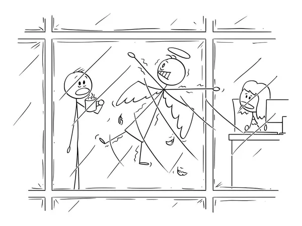 Vektorový kreslený andílek, který se rozdrtí v okně budov — Stockový vektor
