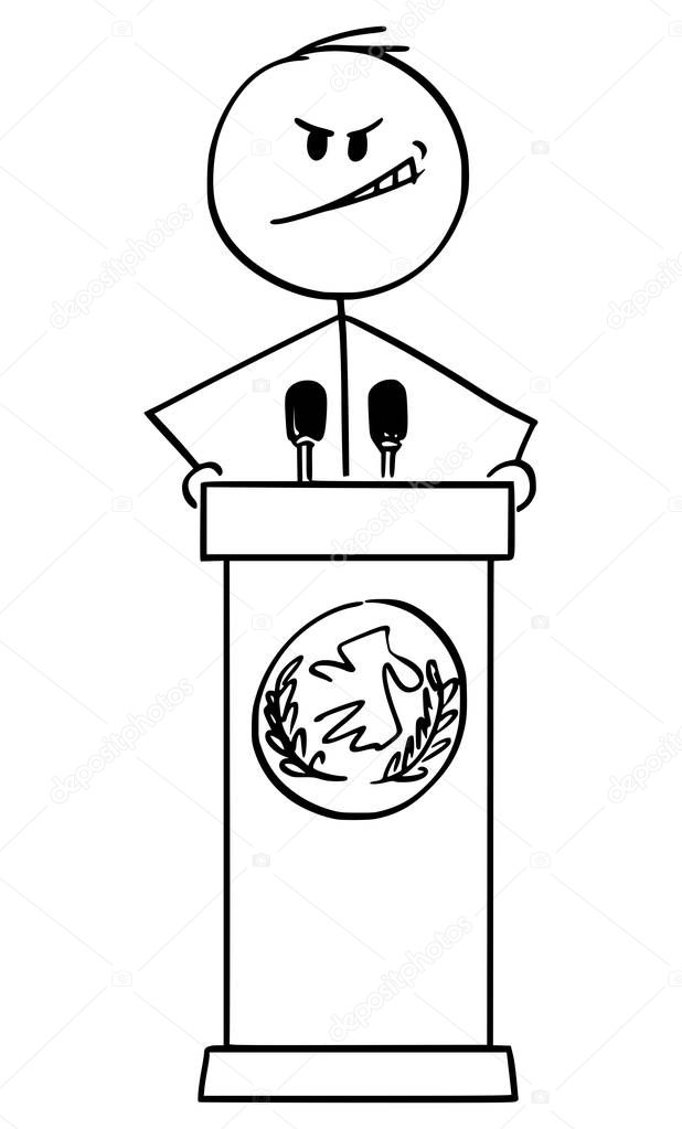 Vector Cartoon of Evil Man or Politician Speaking or Having Speech on Podium Behind Lectern
