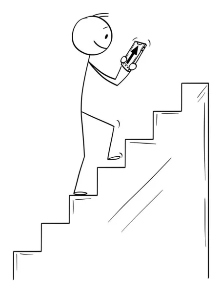 Vector Cartoon of Man Climbing Upstairs Following Navigation in Mobile Phone - Stok Vektor