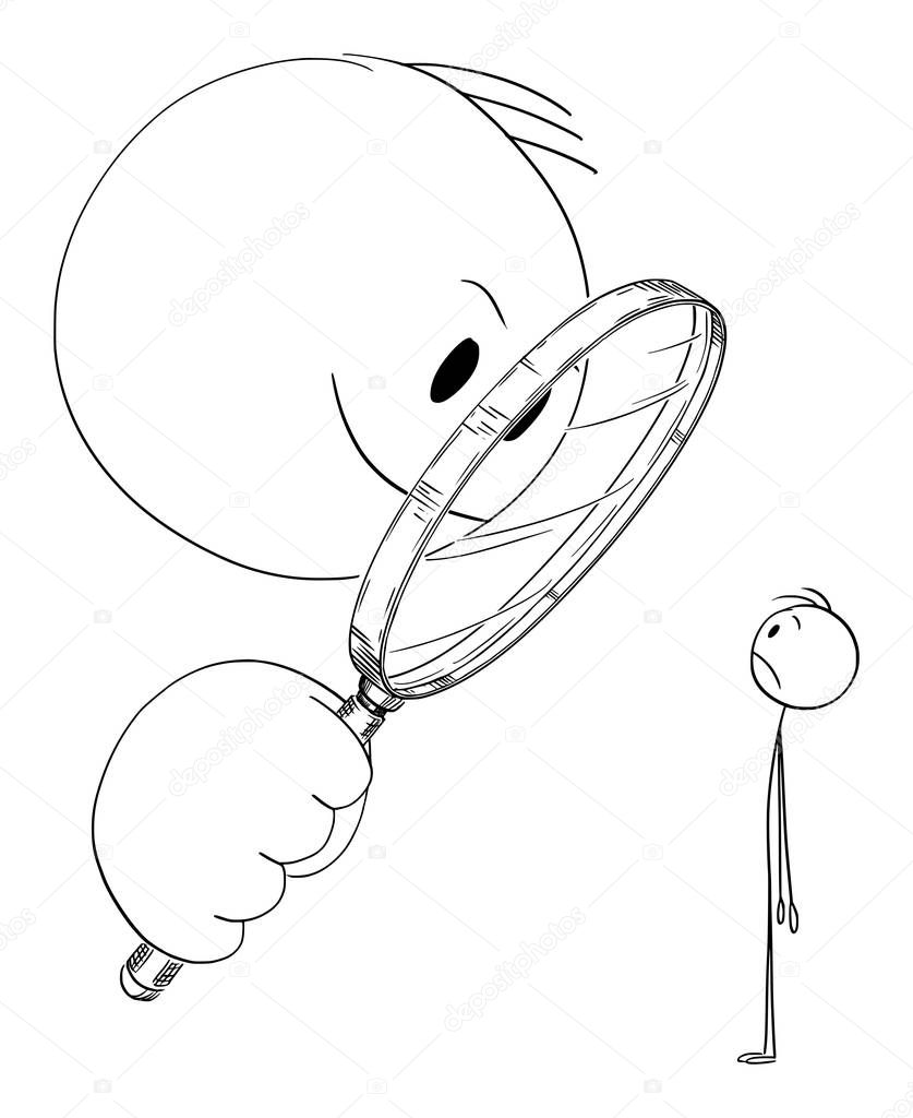 Vector Cartoon of Man or Businessman Looking at Small Man Through Magnifier or Magnifying Glass