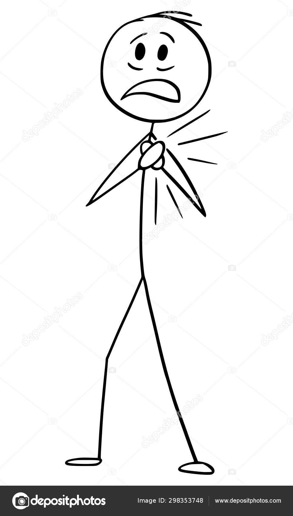 Vector cartoon stick figure drawing conceptual illustration of sad