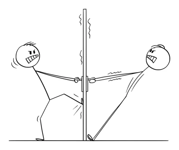 Desenhos animados vetoriais de dois homens irritados ou empresários tentando abrir a porta de ambos os lados — Vetor de Stock