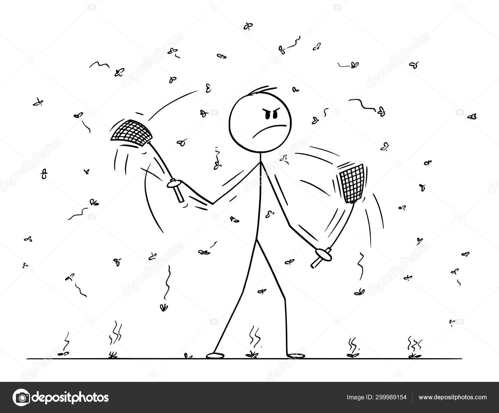 Vector Cartoon Of Man Or Businessman With Swatters Flappers Or Fly Flaps In Both Hands Killing Flies Or Mosquitoes Vector Image By C Ursus Zdeneksasek Com Vector Stock