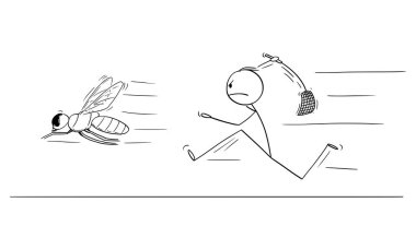 Swatter, Flapper veya Fly-flap ile Büyük Sinek veya Böcek Kovalayan Adam veya İşadamı Vektör Karikatür