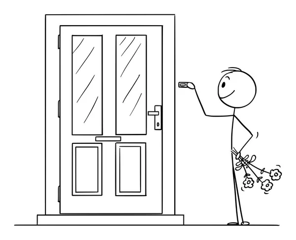 Векторный мультфильм о кузнеце, влюбленном в флориста, звонящего в дверь — стоковый вектор