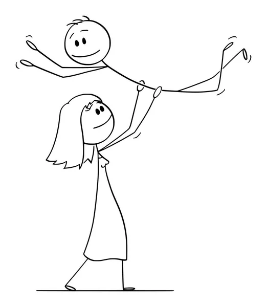 Dibujos animados vectorial de pareja heterosexual de la mujer que levanta al hombre mientras realiza levantamiento de la postura de la danza durante el baile — Vector de stock