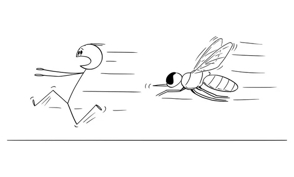 Desenhos animados vetoriais de homem fugindo no medo de grande mosca ou inseto — Vetor de Stock