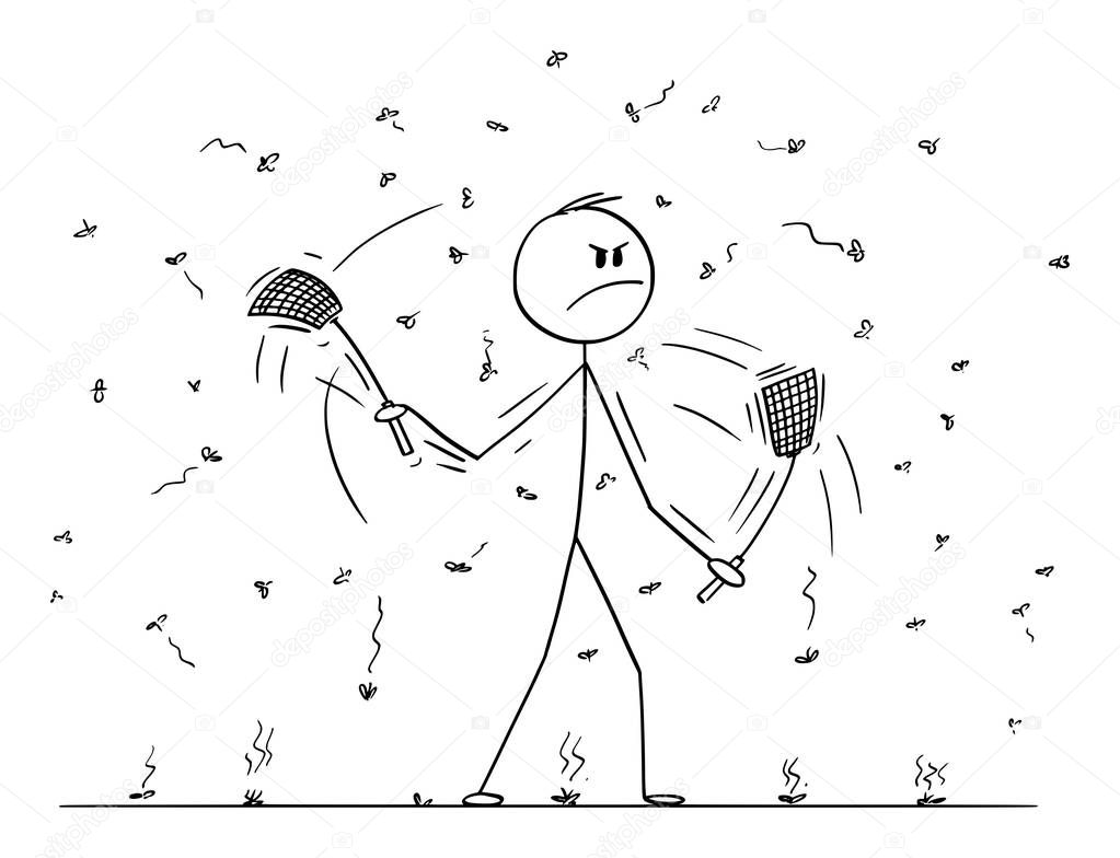 Vector Cartoon of Man or Businessman with Swatters, Flappers or Fly-flaps in Both Hands Killing Flies or Mosquitoes