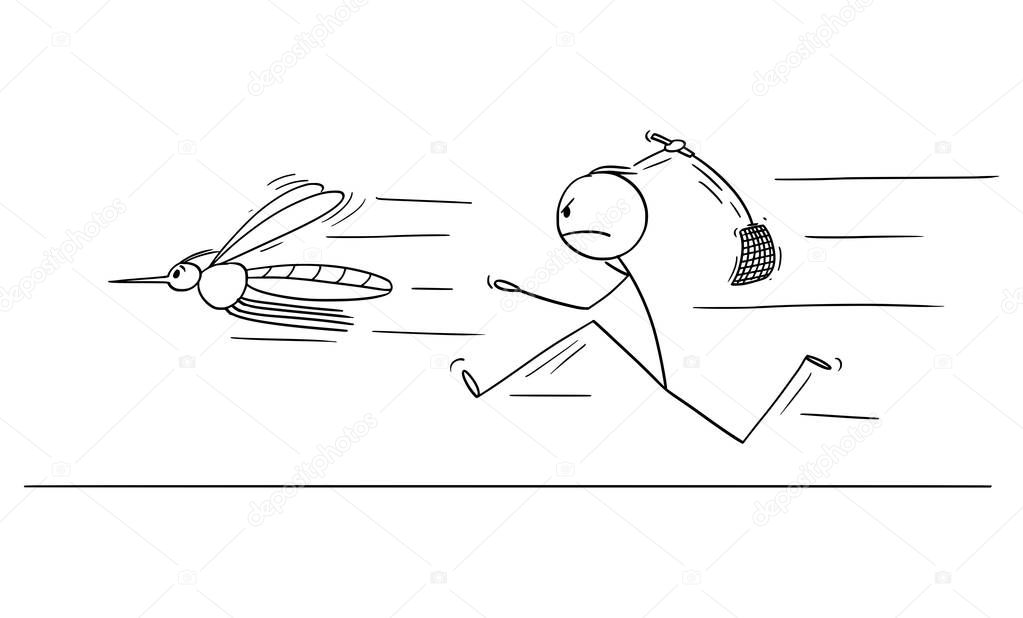 Vector Cartoon of Man or Businessman Chasing Big Mosquito or Insect with Swatter, Flapper or Fly-flap