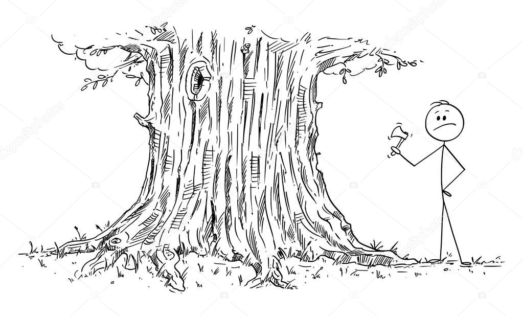 Vector Cartoon of Man or Businessman Unable to Cut Down Large Tree with Small Ax or Axe