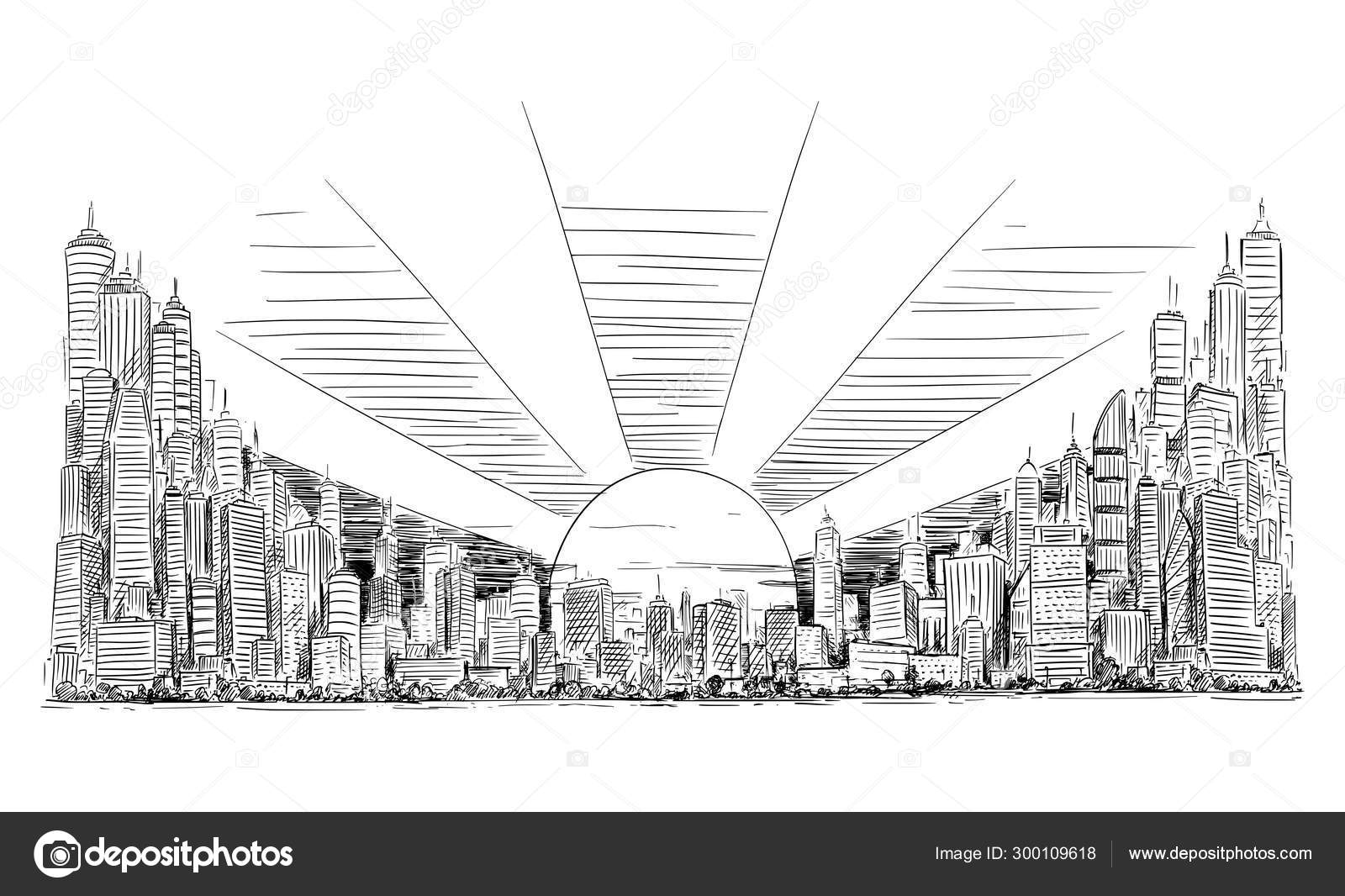 Dibujo artístico vectorial Ilustración del paisaje urbano de gran altura de  la ciudad genérica con edificio de rascacielos al amanecer Vector de stock  #300109618 de ©ursus@zdeneksasek.com, image size:1600x1066