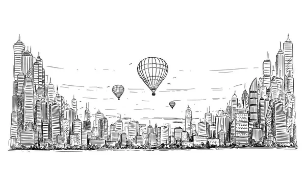 Vector artistieke tekening illustratie van hete lucht ballonnen over generieke stad High Rise Cityscape landschap met wolkenkrabber gebouw — Stockvector