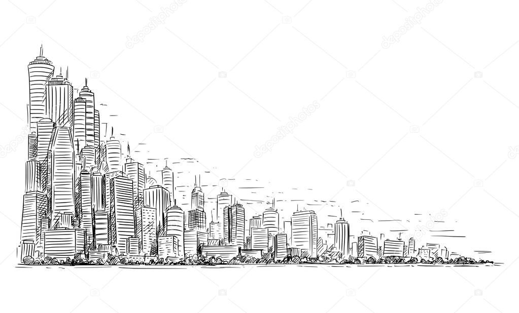 Vector Artistic Drawing Illustration of Generic City High Rise Cityscape Landscape with Skyscraper Building, Business and Government Buildings.