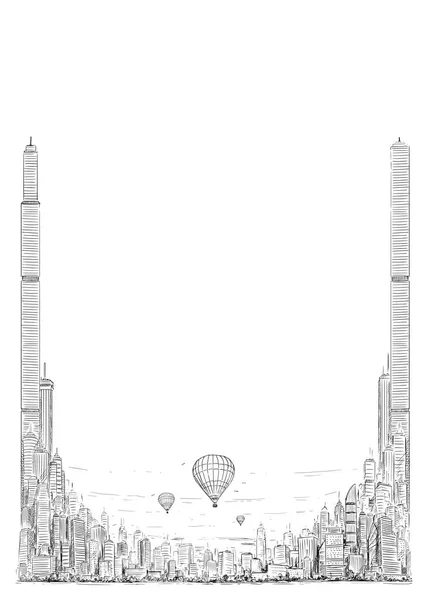 Vector sjabloon met artistieke tekening illustratie van generieke stad High Rise Cityscape met wolkenkrabber gebouwen en hete lucht ballonnen — Stockvector