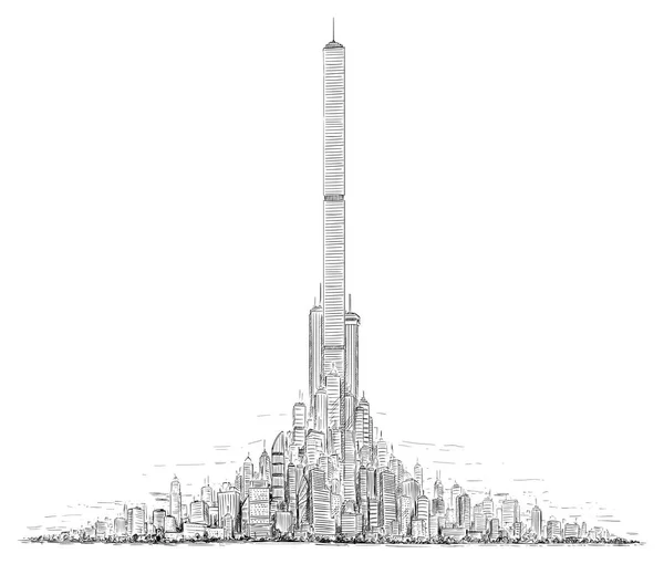 Dibujo artístico vectorial Ilustración del paisaje urbano de gran altura de la ciudad genérica con edificios de rascacielos altos en el centro — Archivo Imágenes Vectoriales