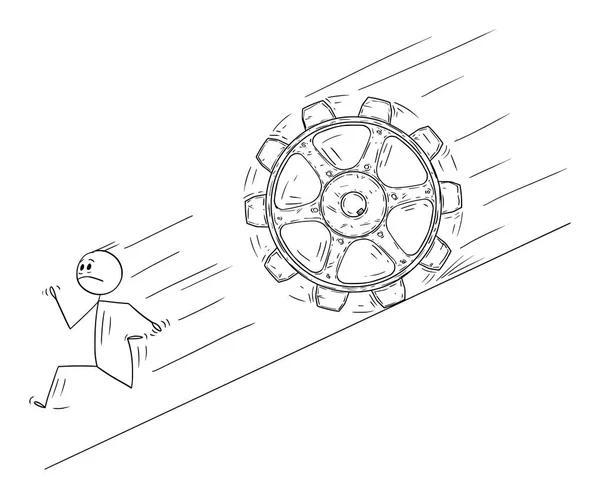 矢量卡通的人或商人跑离开下坡从大滚动齿轮 — 图库矢量图片