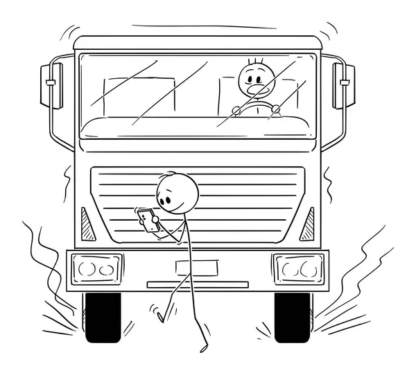 Caricatura vectorial del hombre usando el teléfono móvil en la calle e ignorando el camión que se acerca — Archivo Imágenes Vectoriales