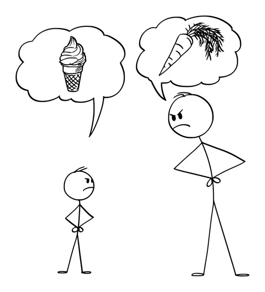 Caricature vectorielle d'un homme ou d'un père ou d'un parent et d'un garçon ou d'un fils se disputant ou se battant au sujet d'aliments sains — Image vectorielle