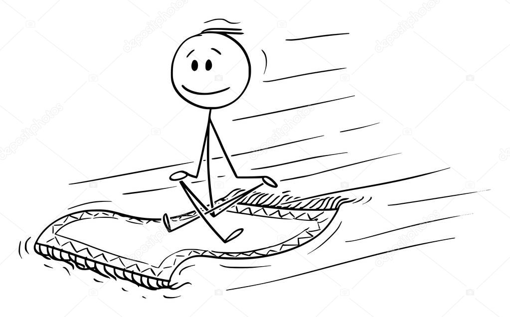 Vector Cartoon of Man or Businessman Sitting on Flying Carpet